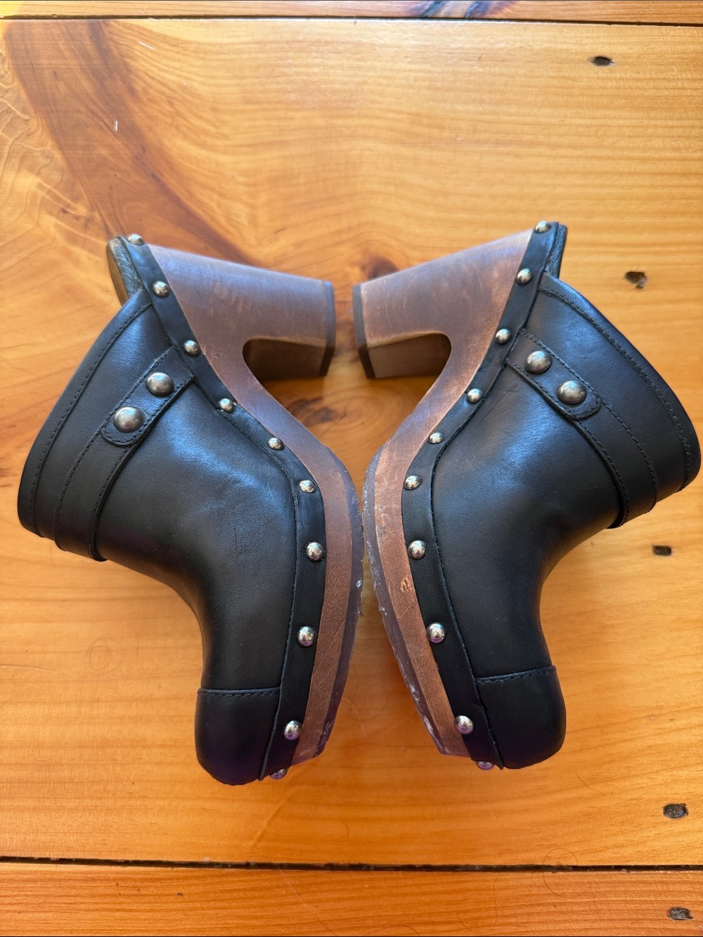 Black Leather Studded Clog Heels - Women - Picture 3 of 8